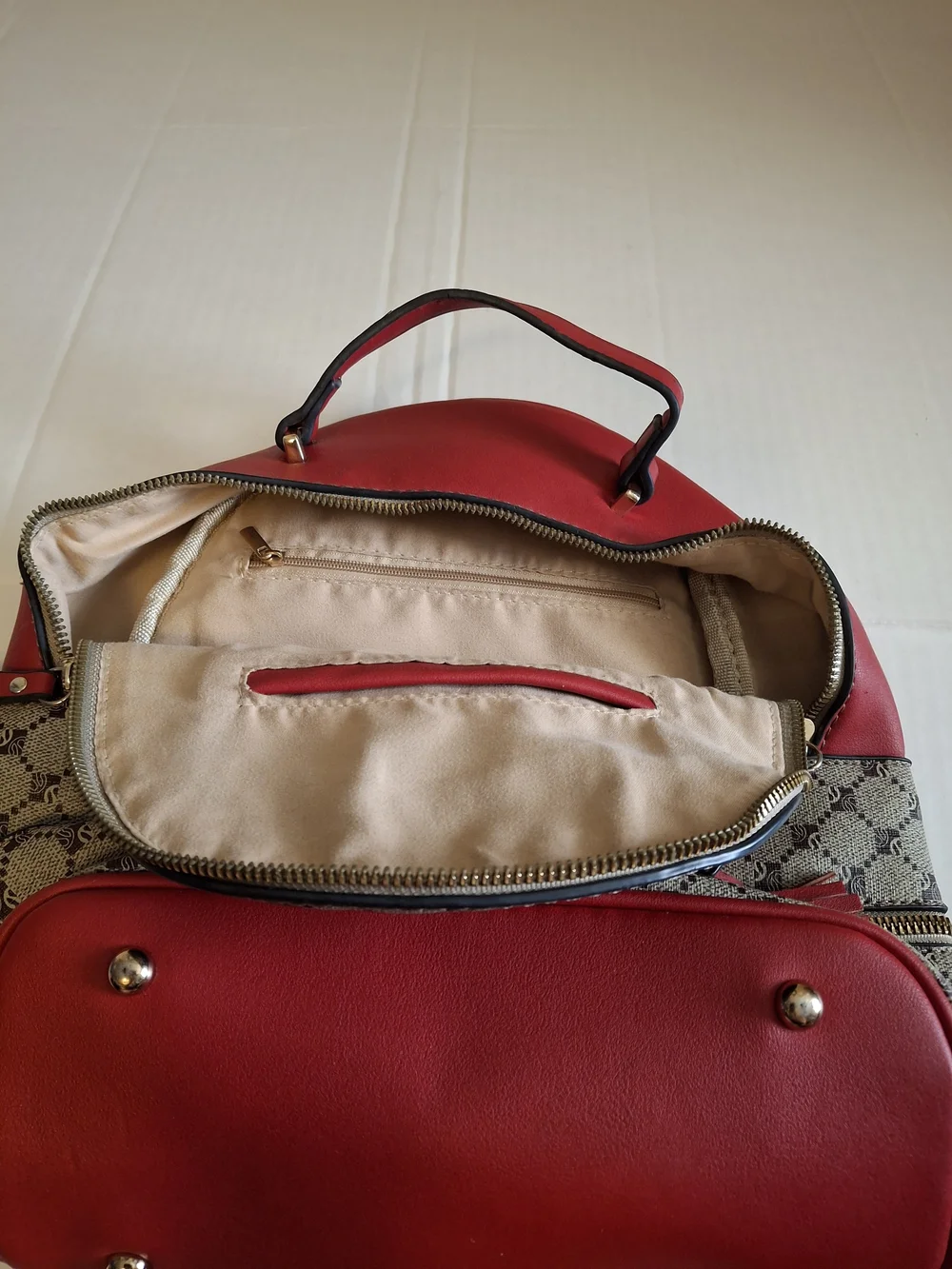 Faux-leather Red and Beige Monogram Backpack Handbag